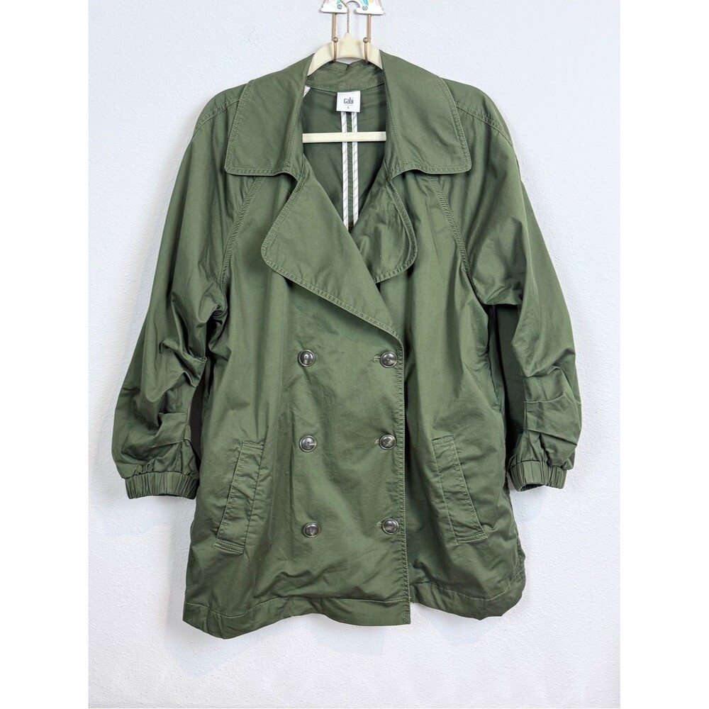 CAbi Olive Green Double-Breasted Trench Coat Ruched Sleeves L